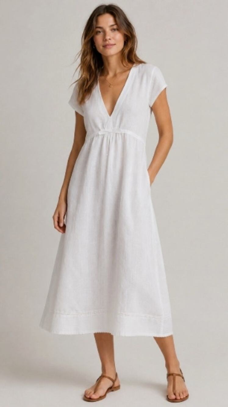 Eileen Fisher Irish Linen Lined V-Neck Tie Waist Dress Resort Lagenlook Petite L